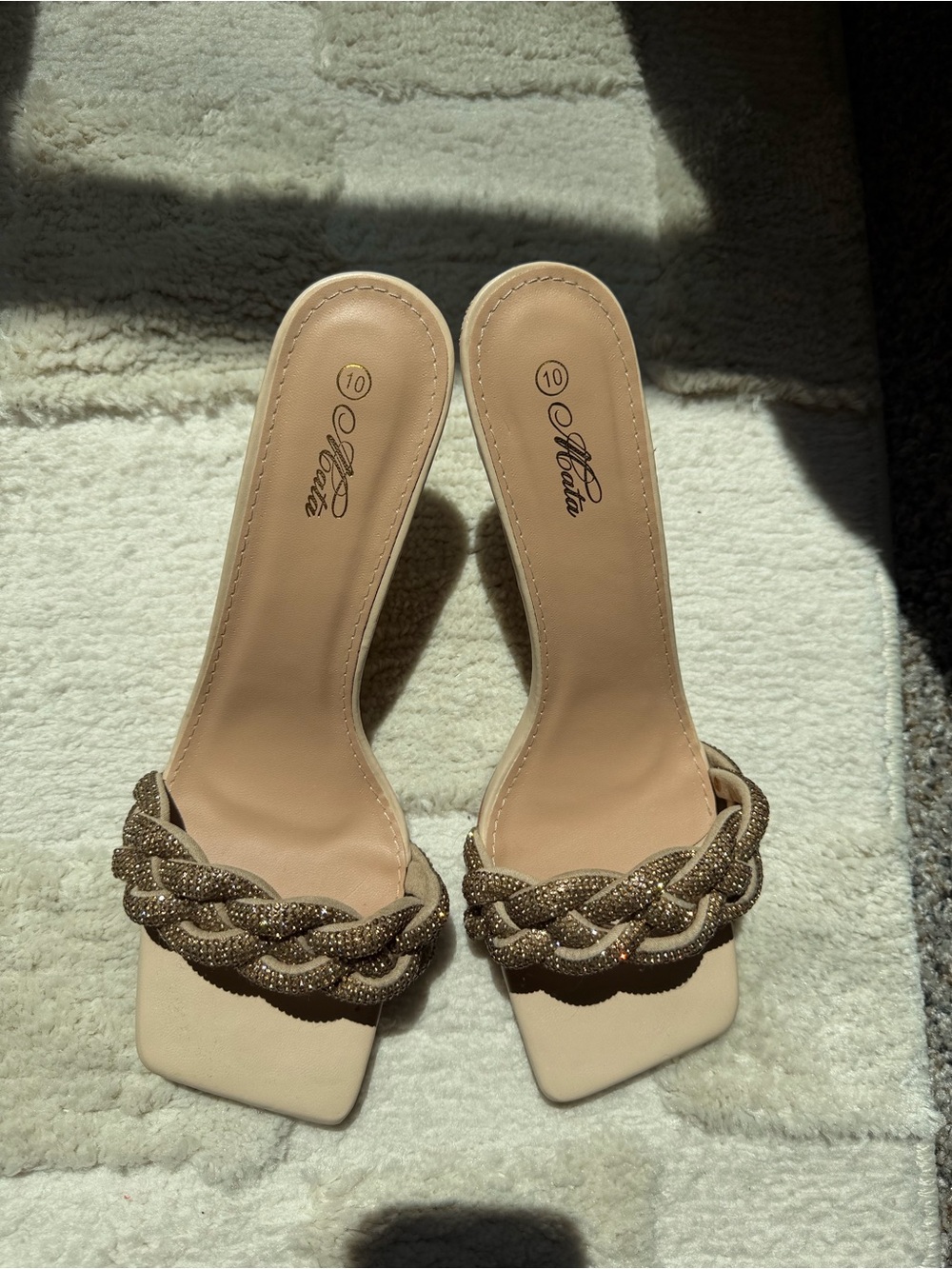 Mata Braided Glitter Beige Slide Heels